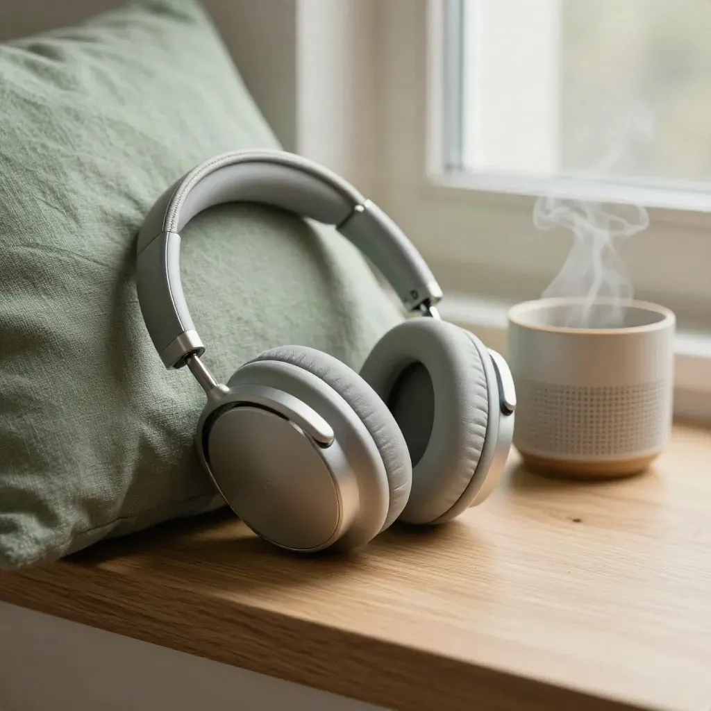 Casque replié, haut-parleur discret et tasse tiède sur coussin lin, lumière du matin.