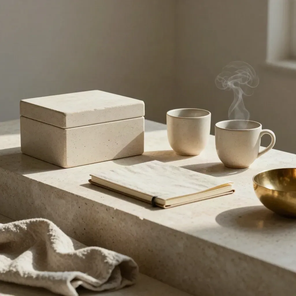 Boîte de pierre, carnet fermé et tasse sobre alignés dans une lumière douce.
