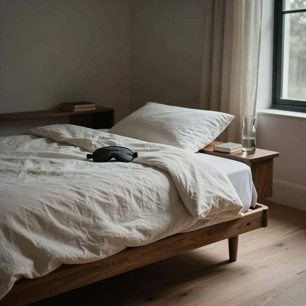 Chambre de nuit apaisante avec lit défait, masque de sommeil, livre fermé et carafe.