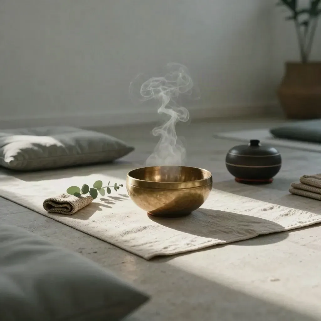 Studio de méditation avec bol chantant, tapis en lin, coussins sauge et brume légère.