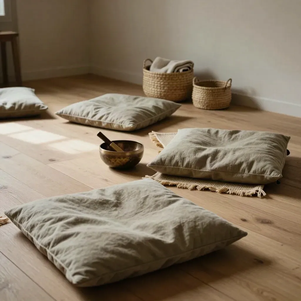 Salle d’atelier détente vide avec coussins, tapis roulés, bol en céramique et paniers en fibres.