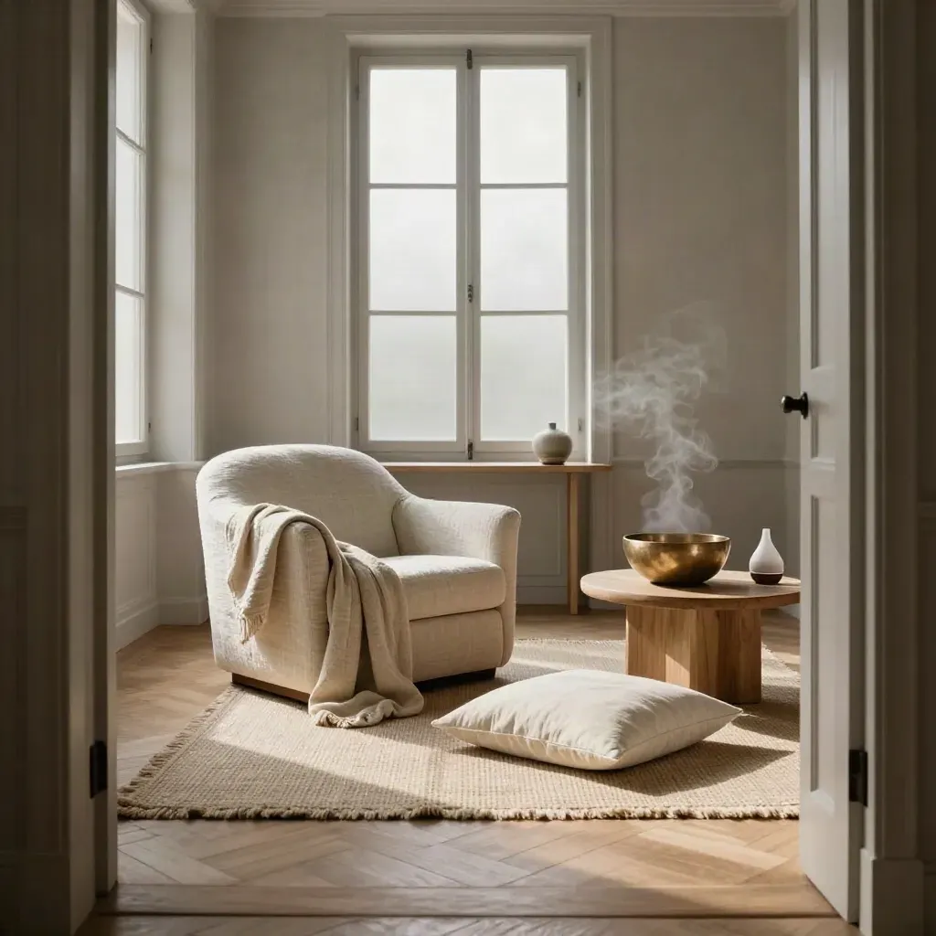 Cabinet parisien vide, fauteuil, coussins, plaid, bol chantant et diffuseur dans la lumière du matin.