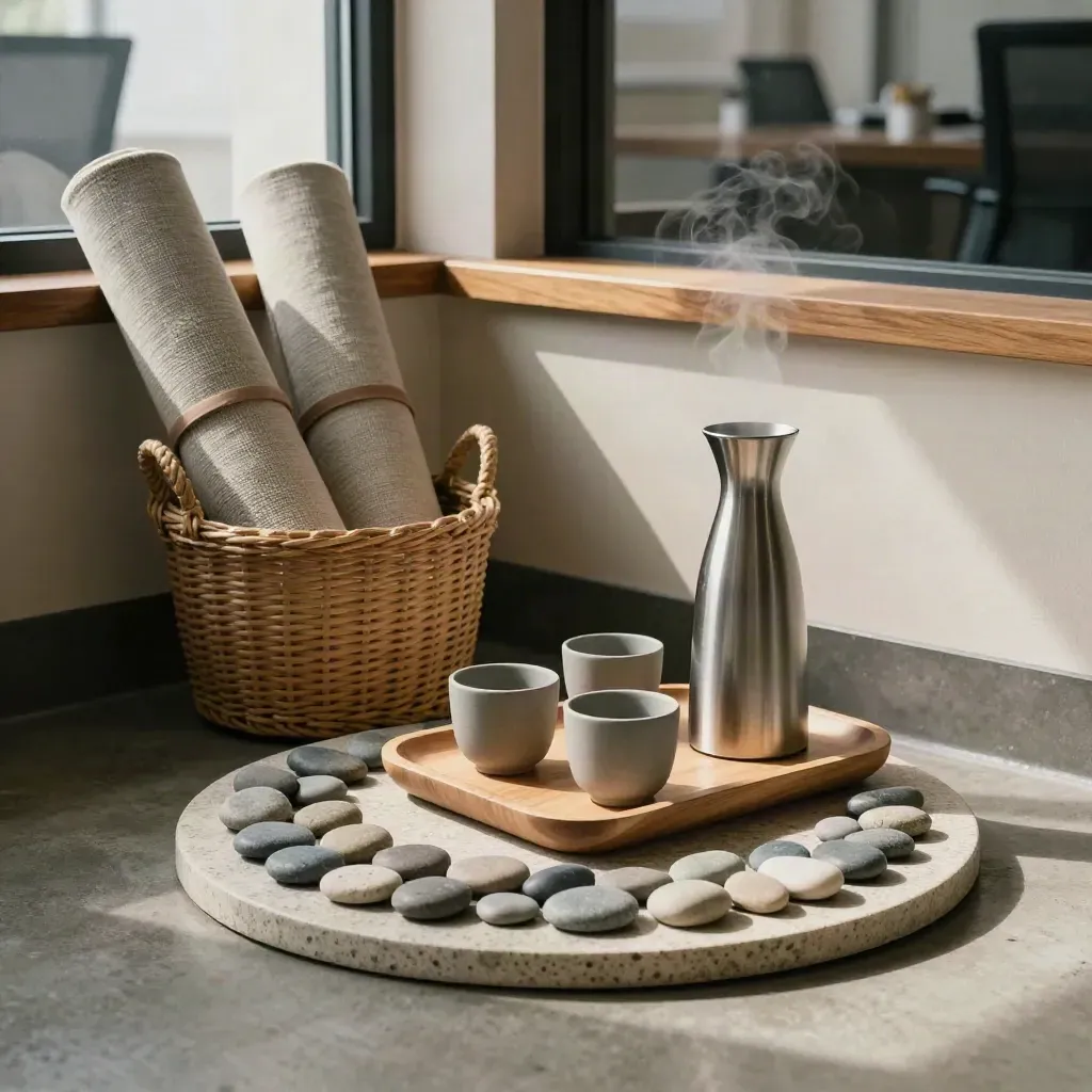 Coin rituel d’équipe avec tapis roulés, tasses sobres et galets dans un bureau calme.