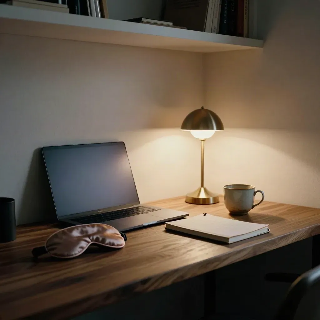 Bureau à distance au soir, ordinateur fermé, lampe douce, masque de nuit et carnet sur bois chaleureux.