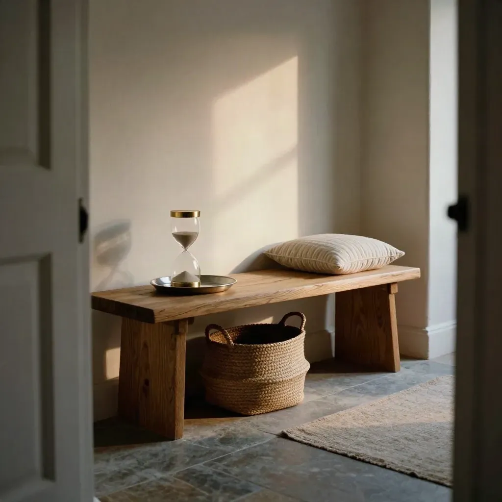 Entrée apaisée avec banc en bois, panier en fibres, coussin et sablier, lumière douce du soir.