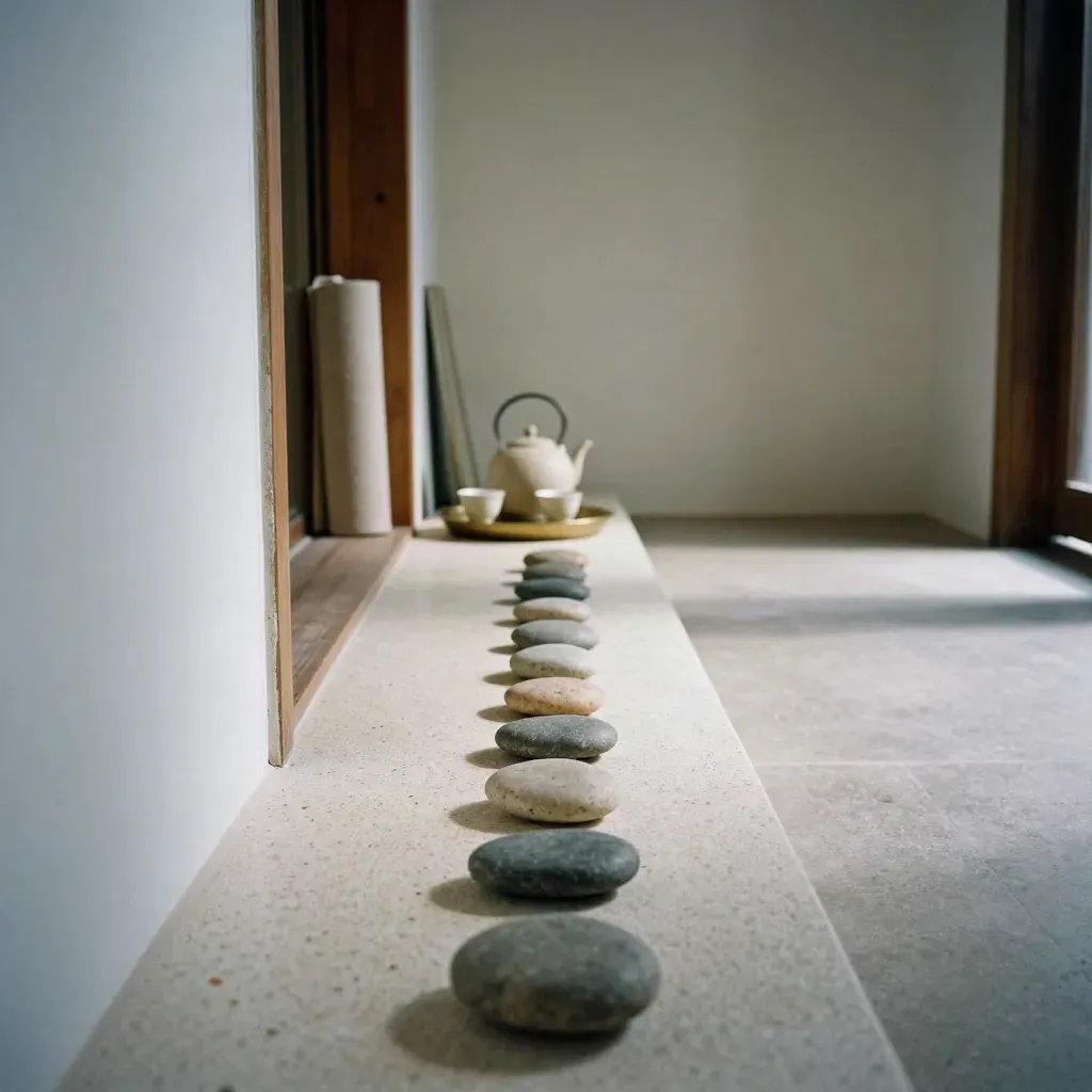 Coin zen avec quatorze galets alignés, station de thé et tapis roulés dans une salle lumineuse.
