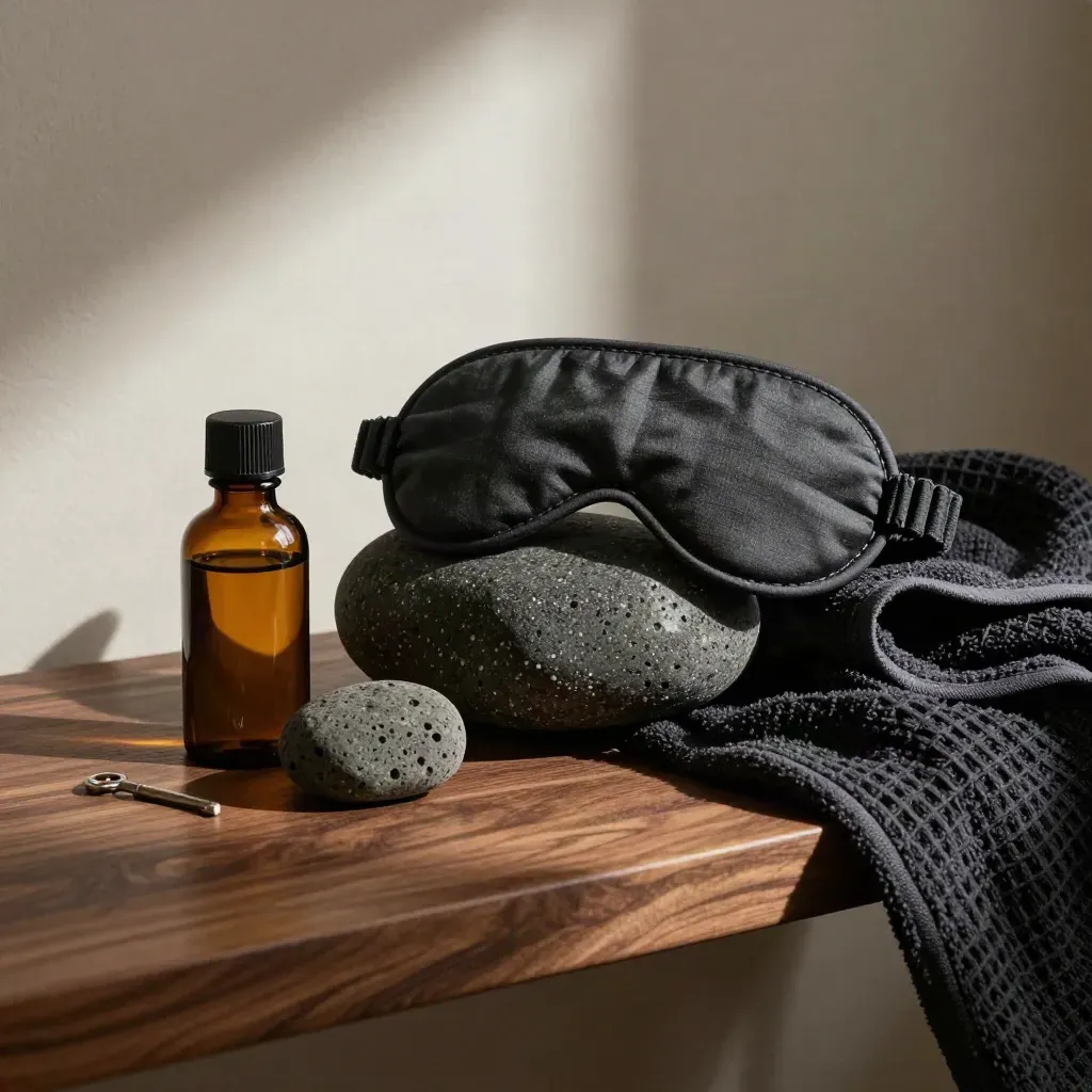 Kit anti-stress avec huile, pierre de basalte, masque lesté et serviette sombre.