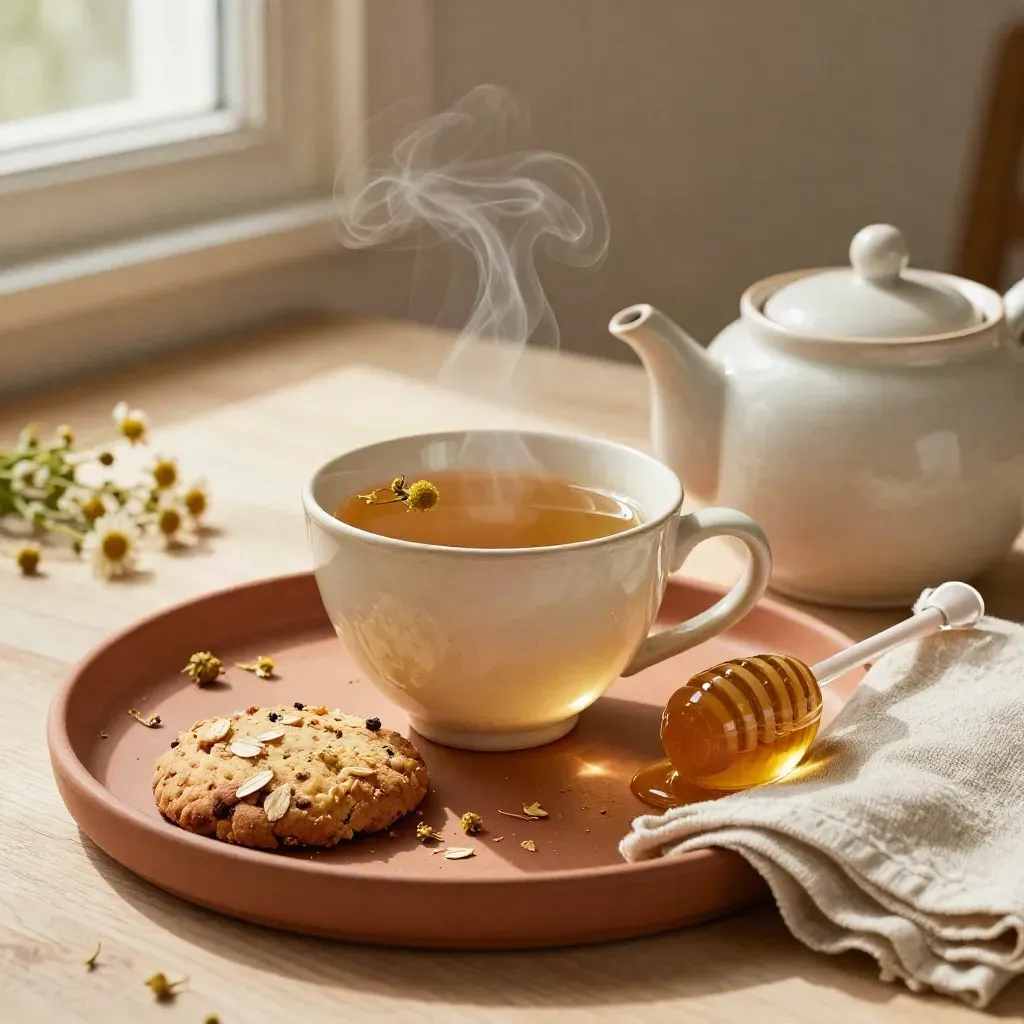 Service à thé bien-être avec camomille, miel, biscuit d’avoine et lin.