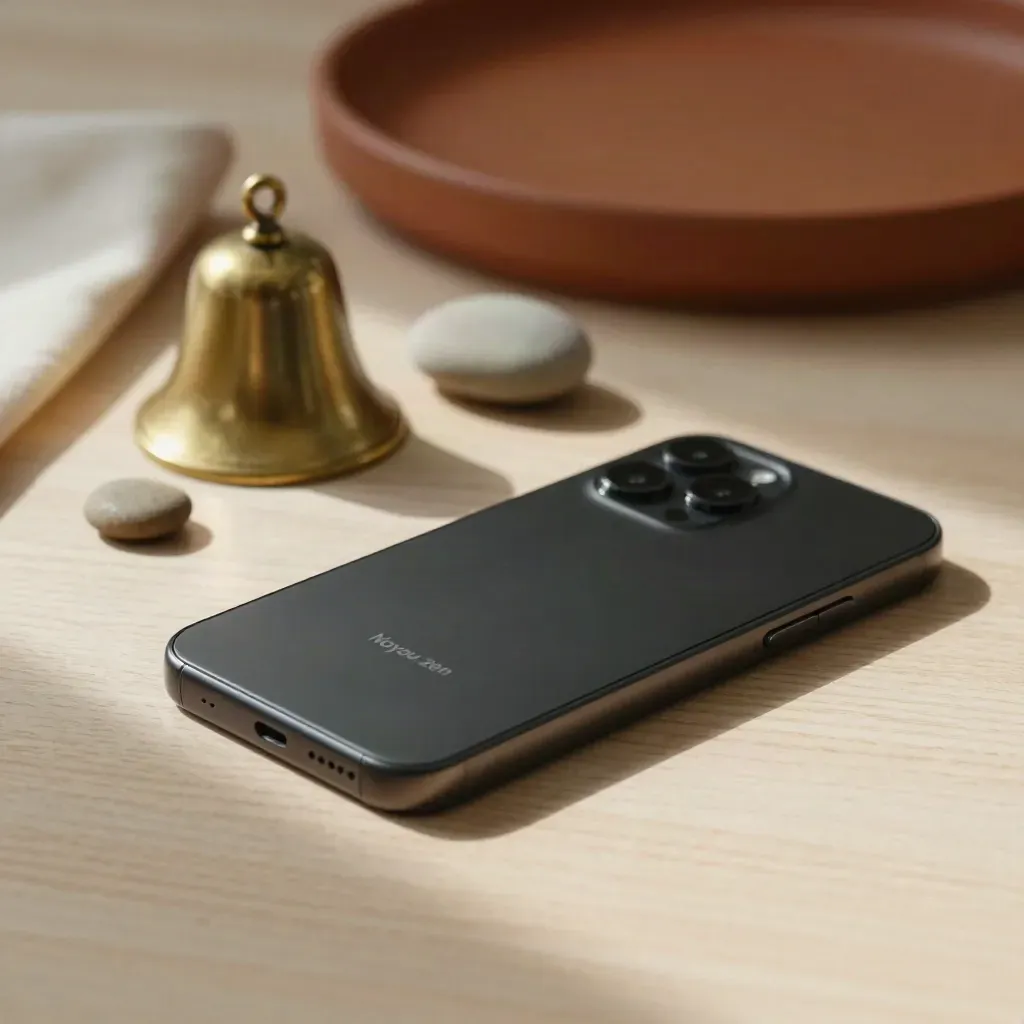 Téléphone retourné, petite cloche en laiton et galet sur bois clair, lumière douce.