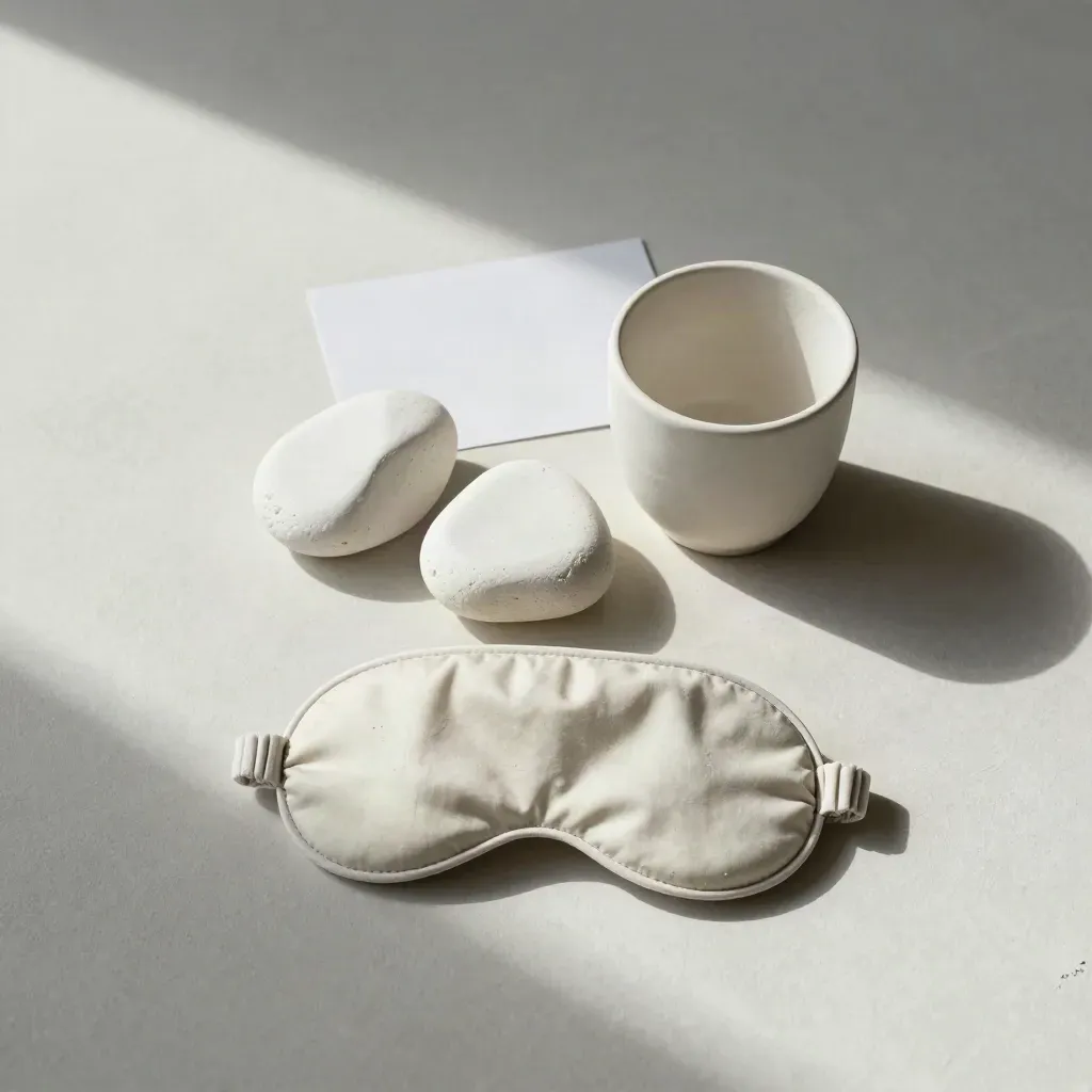 Pierres blanches, tasse simple et masque de sommeil plié sur fond clair, lumière douce.