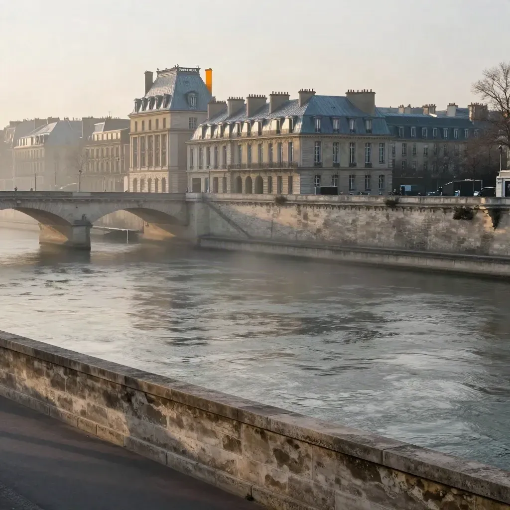 Paris et la Seine à l’aube, toits embrumés et ponts au-dessus d’un espace calme.