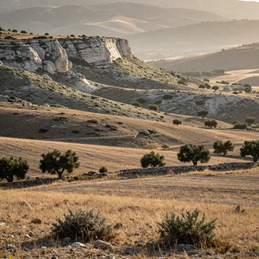 Paysage d’Occitanie avec garrigue dorée, reliefs clairs et brume lointaine.