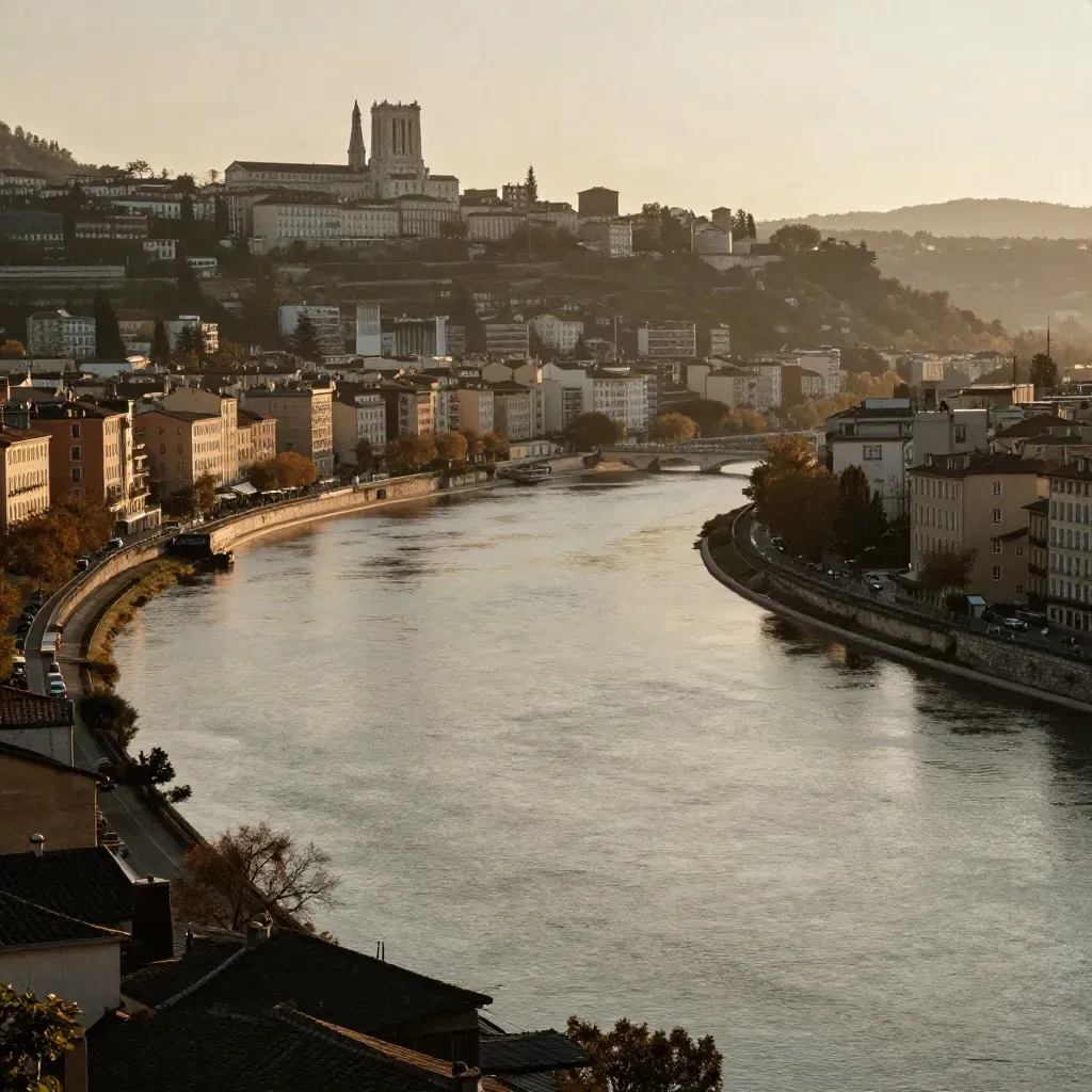 Vue dorée de Lyon à la confluence du Rhône et de la Saône, collines dans la brume.