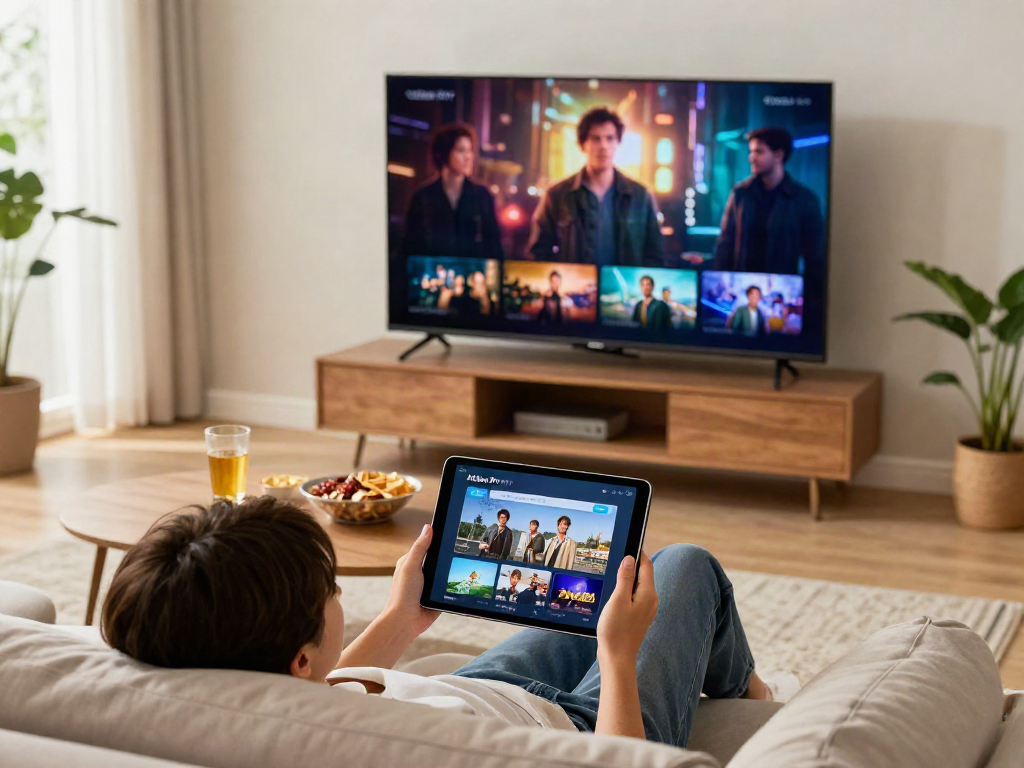 Personne utilisant l'application Atlas Pro ONTV dans un salon moderne avec un éclairage chaleureux.